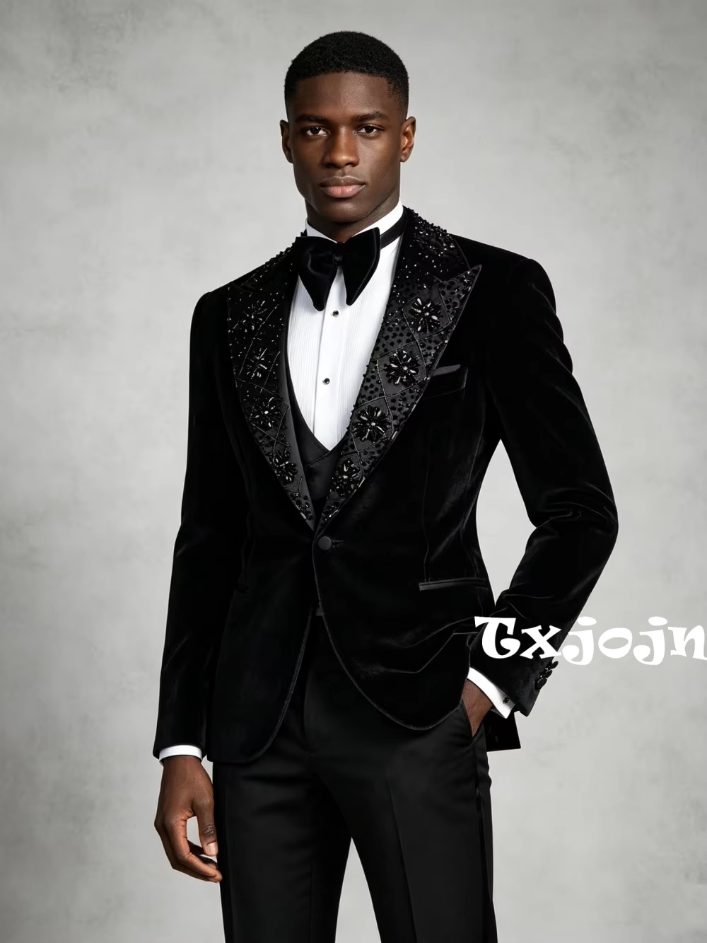 Formal Wear For Men Black Suit - Men's Black Velevt Beaded Suit Set