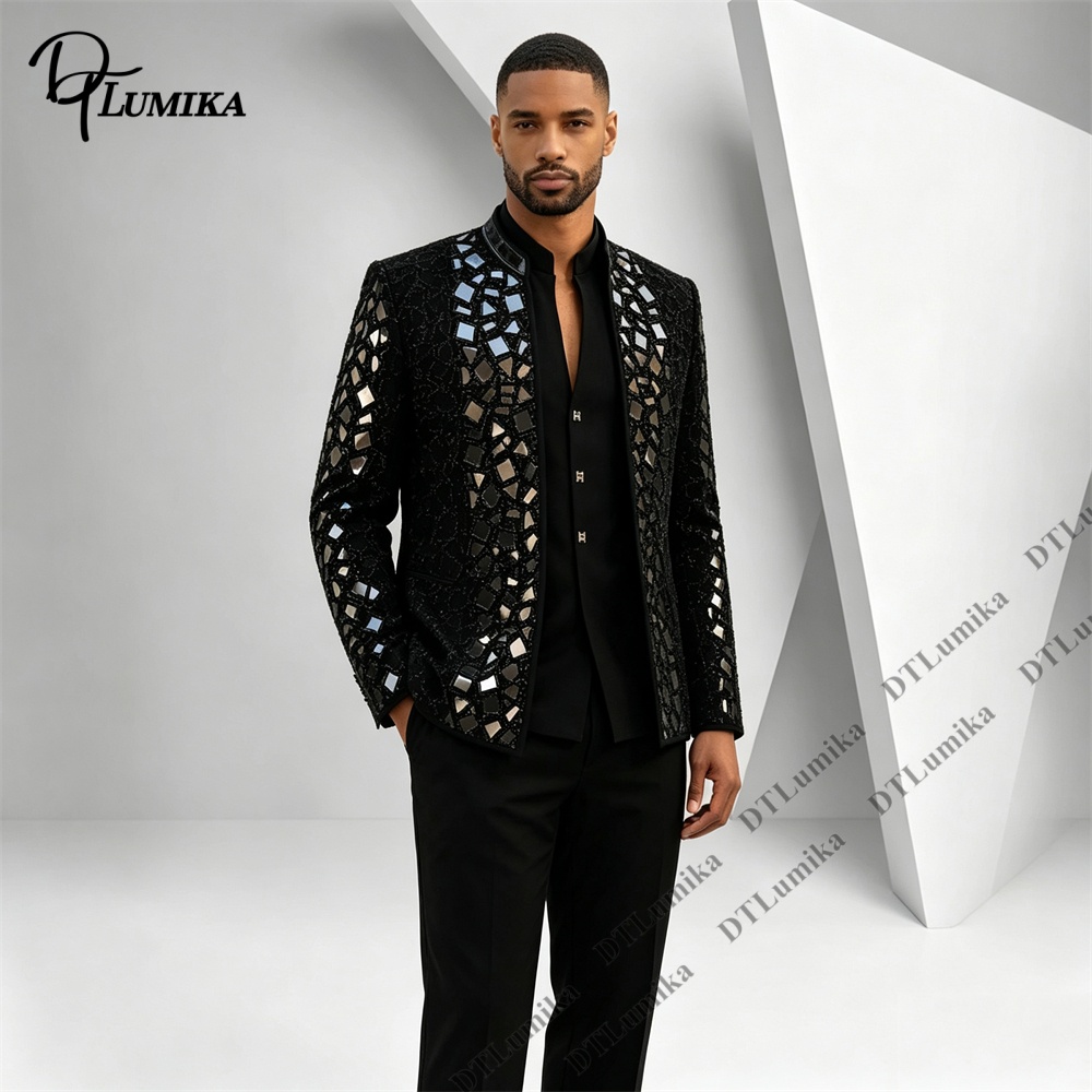 Men Black Mandarin Collar Suit - Formal Wear For Men Black Suit recension och pris